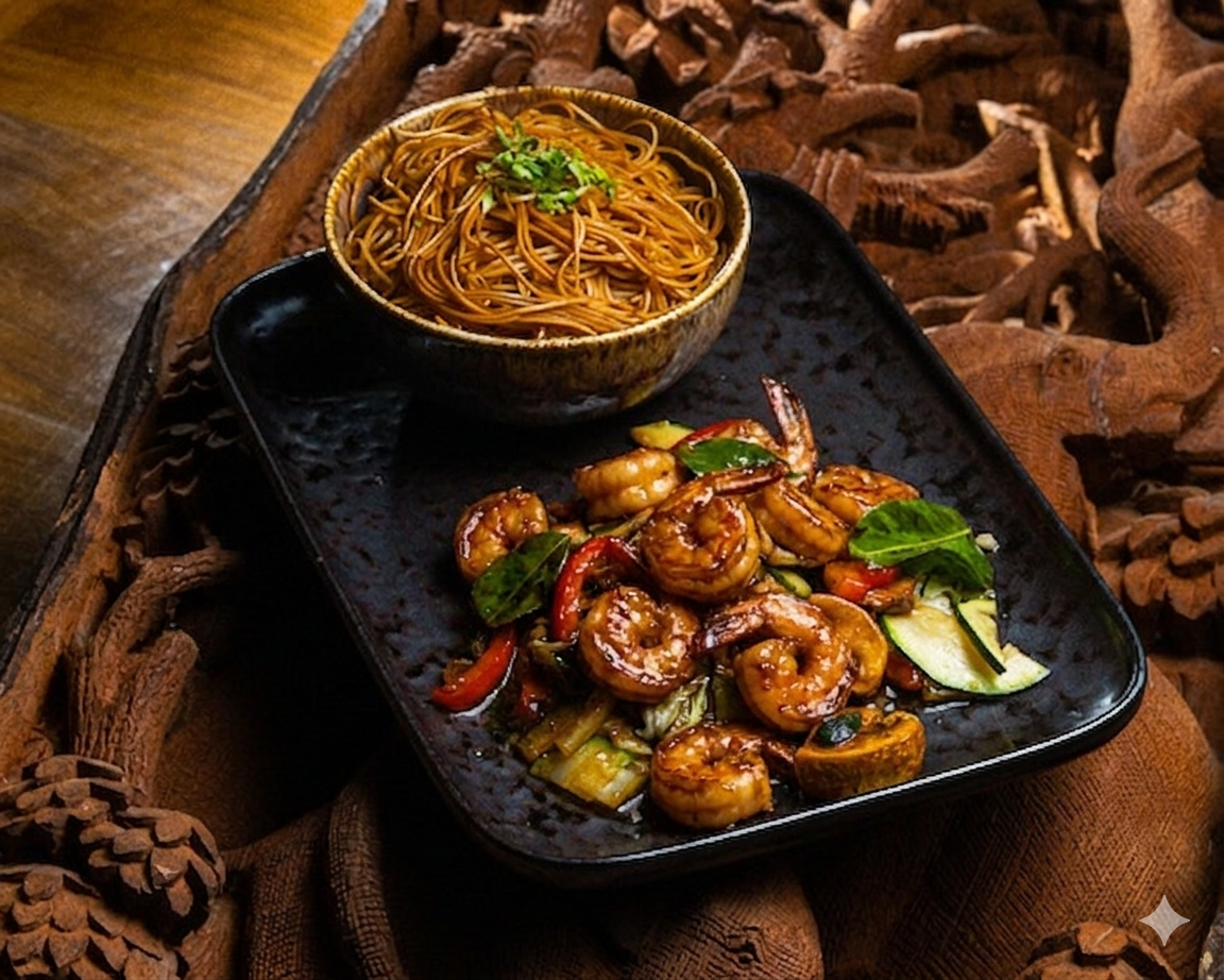 Crevettes sautées au basilic thaïlandais et poivrons